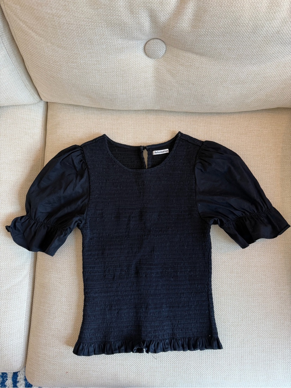 Reformation Black Puff Sleeve Ruffle Hem Top